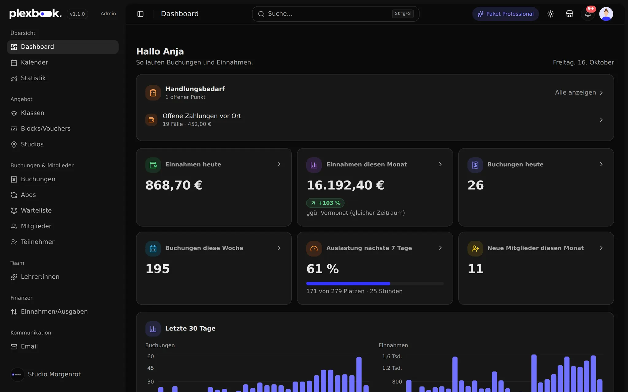 Plexbook-Dashboard des Beispielstudios „Studio Morgenrot“: Übersicht mit Handlungsbedarf, Einnahmen, Buchungen und Auslastung