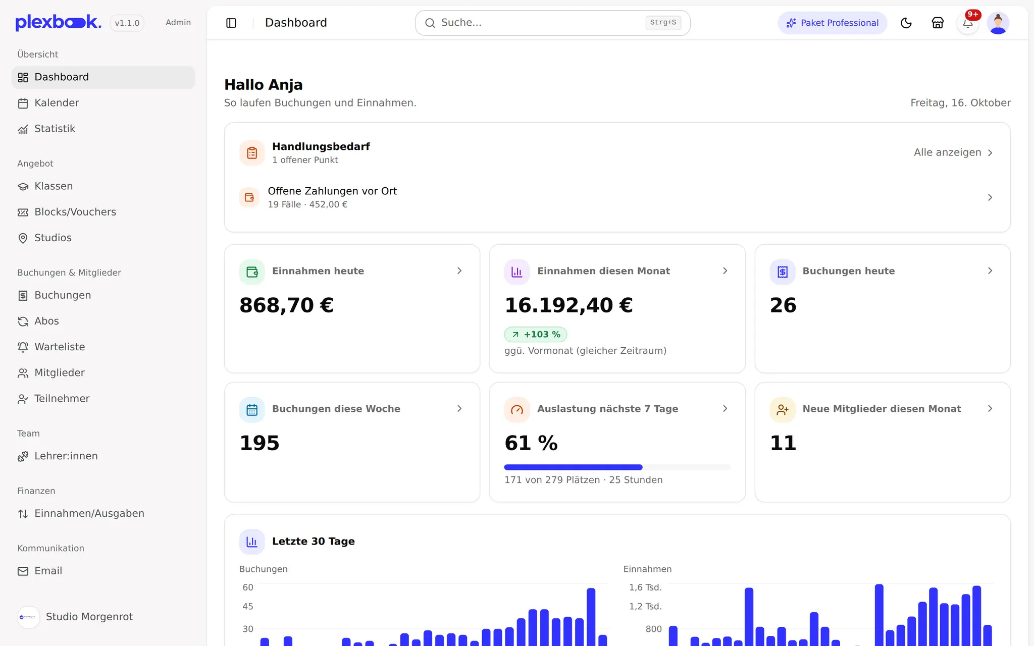 Plexbook-Dashboard des Beispielstudios „Studio Morgenrot“: Übersicht mit Handlungsbedarf, Einnahmen, Buchungen und Auslastung